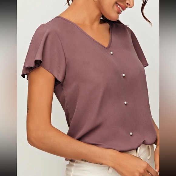 Pearl beaded flutter sleeve top - Picture 1 of 5